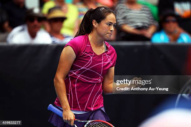 Jamie Hampton of United States celebrates winning the match against Kristyna Pliskova of Czech Republic during day three of the ASB Classic at ASB...