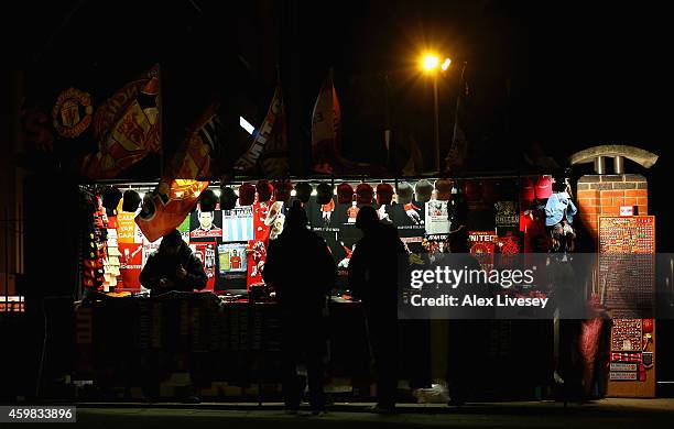 Souvenir stall is seen outside Old Trafford prior to the Barclays Premier League match between Manchester United and Stoke City at Old Trafford on...