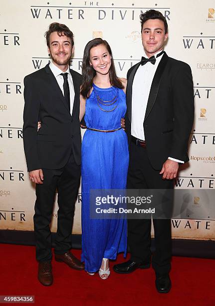 Dan Berini, Holly Fraser and Matthew O'Toole arrives at the World Premier of "The Water Diviner" at State Theatre on December 2, 2014 in Sydney,...