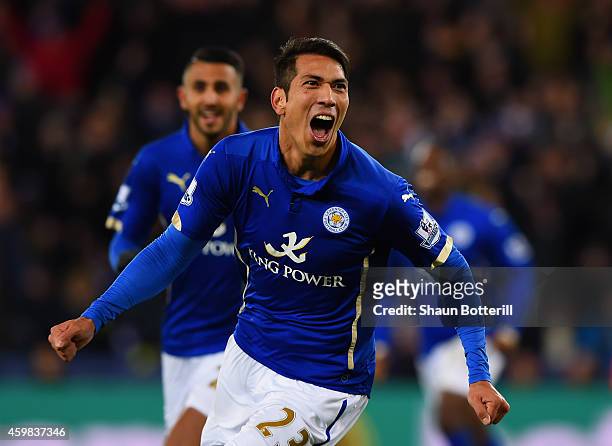 Leonardo Ulloa of Leicester City celebrates after Simon Mignolet of Liverpool opens the scoring with an own goal during the Barclays Premier League...