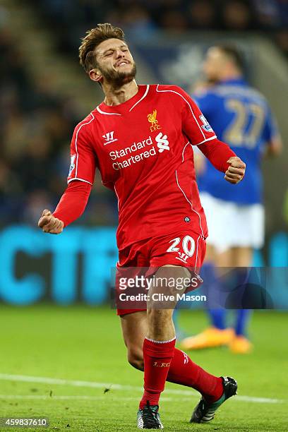 Adam Lallana of Liverpool celebrates after scoring a goal to level the scoes at 1-1 during the Barclays Premier League match between Leicester City...