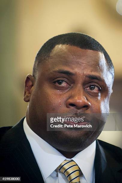 Troy Vincent, executive vice president of football operations for the National Football League becomes emotional while making his opening statement...