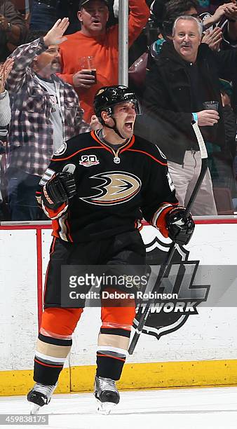 Francois Beauchemin of the Anaheim Ducks celebrates after scoring a goal in the second period against the San Jose Sharks on December 31, 2013 at...