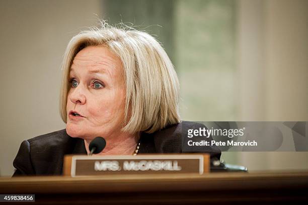 Senator Claire McCaskill makes opening remarkes during a hearing on Capitol Hill addressing domestic violence in professional sports on December 2,...