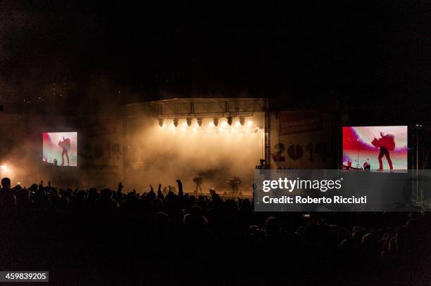 General view of The Pet Shop Boys performing on stage at Concert in the Gardens during Edinburgh's Hogmanay on December 31, 2013 in Edinburgh, United...