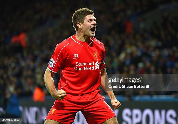 Steven Gerrard of Liverpool celebrates after scoring his team's second goal during the Barclays Premier League match between Leicester City and...