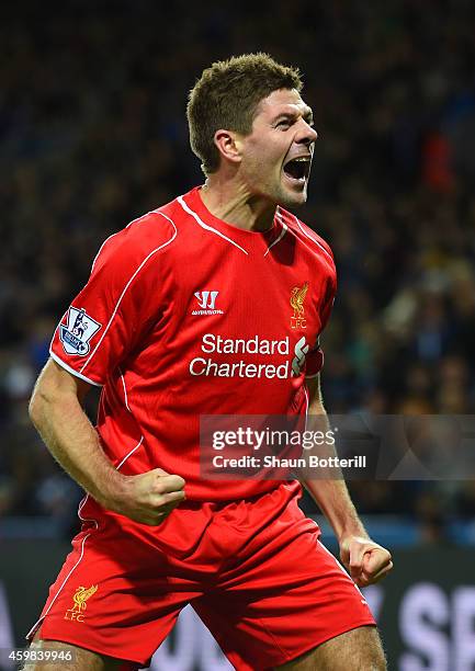 Steven Gerrard of Liverpool celebrates after scoring his team's second goal during the Barclays Premier League match between Leicester City and...