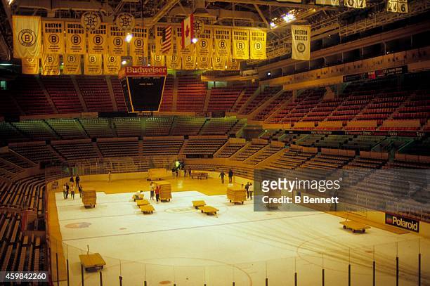 General view of the Boston Garden as take the cover off the ice for the game with the Boston Bruins circa 1980's at the Boston Garden in Boston,...