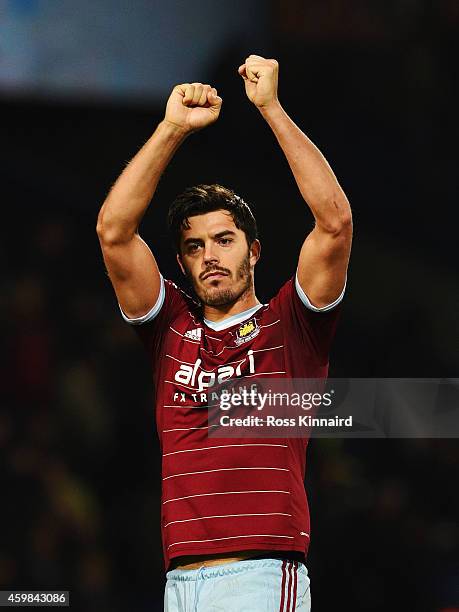 James Tomkins of West Ham United salutes the crowd after the Barclays Premier League match between West Bromwich Albion and West Ham United at The...