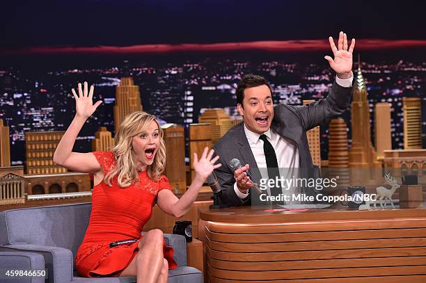 Actress Reese Witherspoon is interviewed by host Jimmy Fallon on "The Tonight Show Starring Jimmy Fallon" at Rockefeller Center on December 2, 2014...