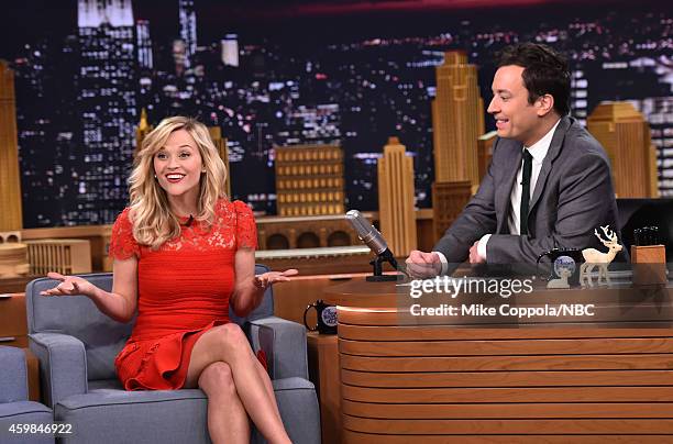 Actress Reese Witherspoon is interviewed by host Jimmy Fallon on "The Tonight Show Starring Jimmy Fallon" at Rockefeller Center on December 2, 2014...