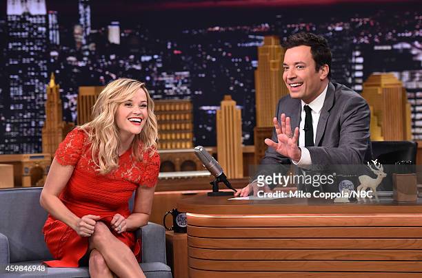 Actress Reese Witherspoon is interviewed by host Jimmy Fallon on "The Tonight Show Starring Jimmy Fallon" at Rockefeller Center on December 2, 2014...