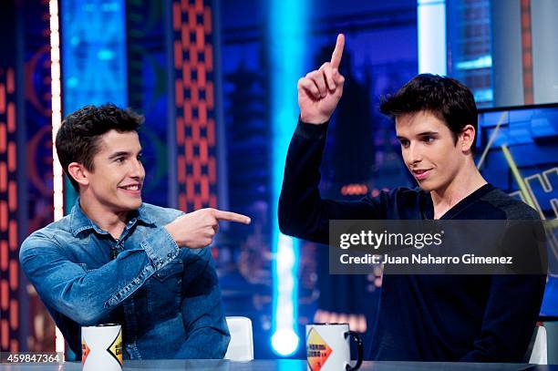 Marc Marquez and Alex Marquez attend The Hormiguero Tv show at Vertice Estudio on December 2, 2014 in Madrid, Spain.