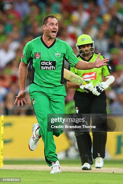 John Hastings of the Stars celebrates after claiming the wicket of Tillakaratne Dilshan of the Thunder during the Big Bash League match between...