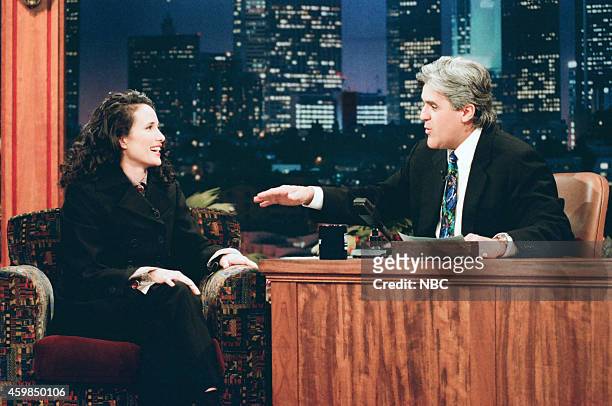 Episode 818 -- Pictured: Actress Andie MacDowell during an interview with host Jay Leno on December 4, 1995 --