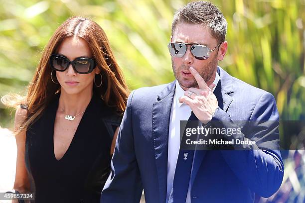 Australian cricket Captain Michael Clarke arrives with wife Kyly Clarke during the Funeral Service for Phillip Hughes on December 3, 2014 in...