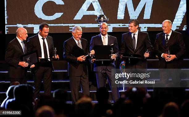 Gustavo Matosas and Roberto Matosas; Juan Ramón Verón and Juan Sebastián Verón; Néstor Goncalvez and Néstor Goncalvez junior are honored during the...