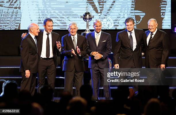 Gustavo Matosas and Roberto Matosas; Juan Ramón Verón and Juan Sebastián Verón; Néstor Goncalvez and Néstor Goncalvez junior are honored during the...