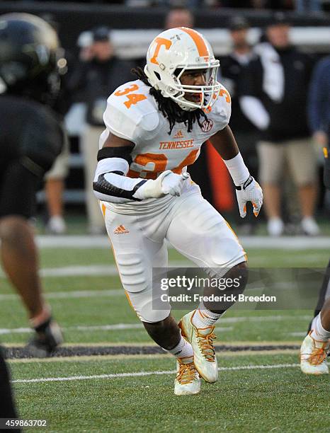 Jalen Reeves-Maybin of the Tennessee Volunteers plays against the Vanderbilt Commodores at Vanderbilt Stadium on November 29, 2014 in Nashville,...