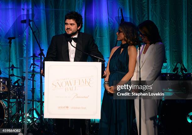 Luca Dotti, Tea Leoni and Sherrie Westin speak onstage at the Tenth Annual UNICEF Snowflake Ball at Cipriani Wall Stree on December 2, 2014 in New...