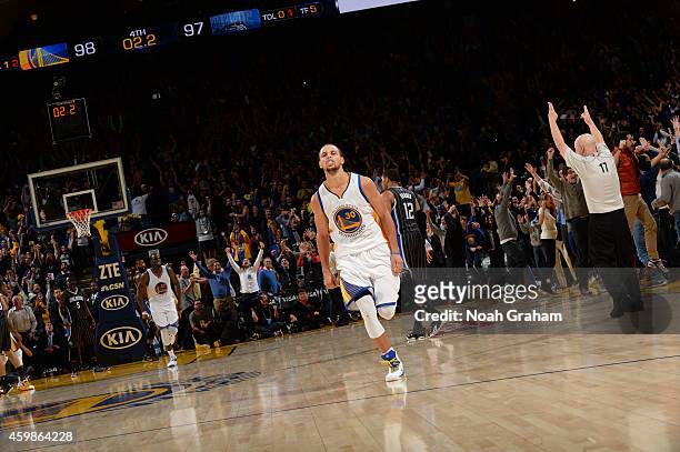 Stephen Curry of Golden State Warriors after making the game winning shot against the Orlando Magic on December 2, 2014 at Oracle Arena in Oakland,...