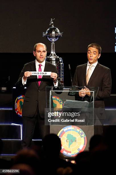 Sergio Jadue President of the Chilean Football Association holds the name of Colo Colo during the Official Draw of the 56th Copa Bridgestone...