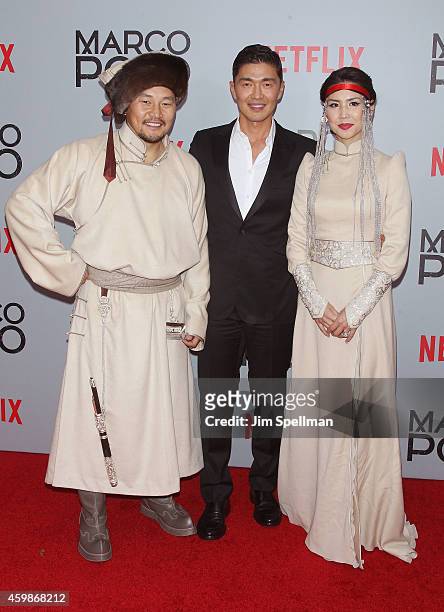 Amarsaikhan Baljinnyam, actor Rick Yune and Urm Baljinnyam attend the "Marco Polo" New York series premiere at AMC Lincoln Square Theater on December...