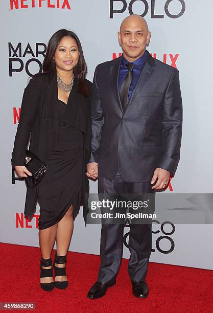 Brett Chan and guest attend the "Marco Polo" New York series premiere at AMC Lincoln Square Theater on December 2, 2014 in New York City.