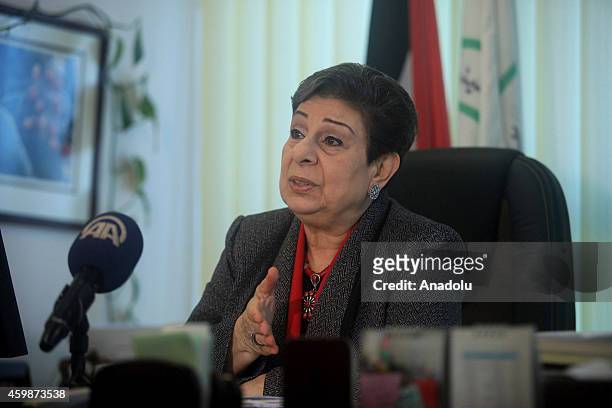 Palestine Liberation Organization executive committee member Hanan Ashrawi speaks to the media in the West Bank city of Ramallah on December 1,2014....