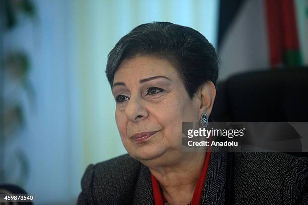 Palestine Liberation Organization executive committee member Hanan Ashrawi speaks to the media in the West Bank city of Ramallah on December 1,2014....