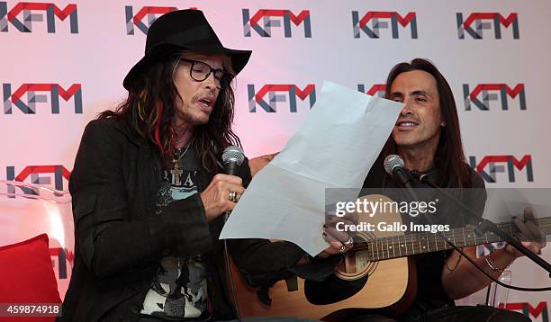 Steven Tyler with Nuno Bettencourt during the Kings of Chaos press conference on December 2, 2014 in Cape Town, South Africa. The Rock n roll star...