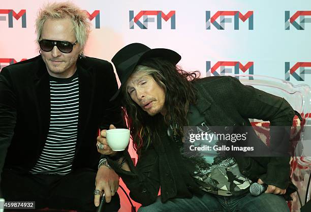 Steven Tyler with Matt Sorum during the Kings of Chaos press conference on December 2, 2014 in Cape Town, South Africa. The Rock n roll star will...