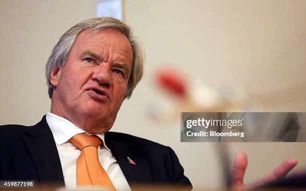 Bjoern Kjos, chief executive officer of Norwegian Air Shuttle AS, speaks during a news conference in Crawley, U.K., on Wednesday, Dec. 3, 2014....