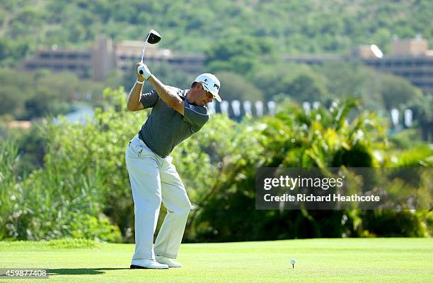 Lee Westwood of England in action during a practise round for the Nedbank Golf Challenge at the Gary Player Country Club on December 3, 2014 in Sun...