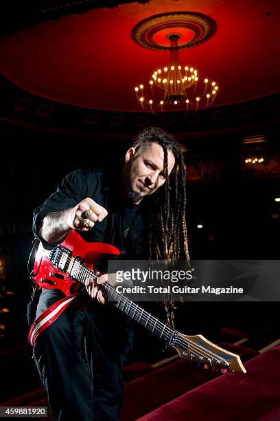 Portrait of Hungarian musician Zoltan Bathory, guitarist with heavy metal group Five Finger Death Punch, photographed before a live performance at...
