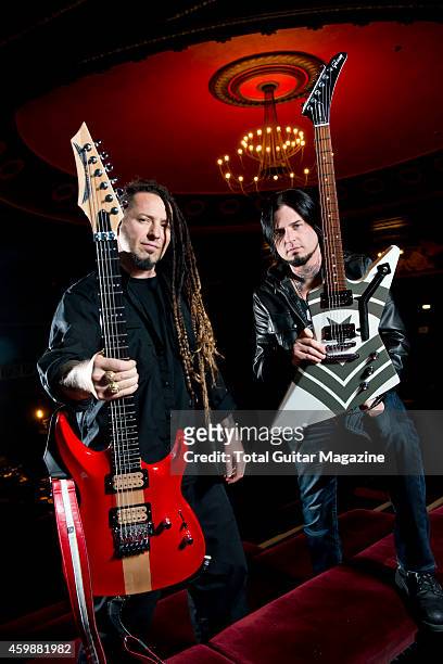 Portrait of musicians Zoltan Bathory and Jason Hook, guitarists with American heavy metal group Five Finger Death Punch, photographed before a live...