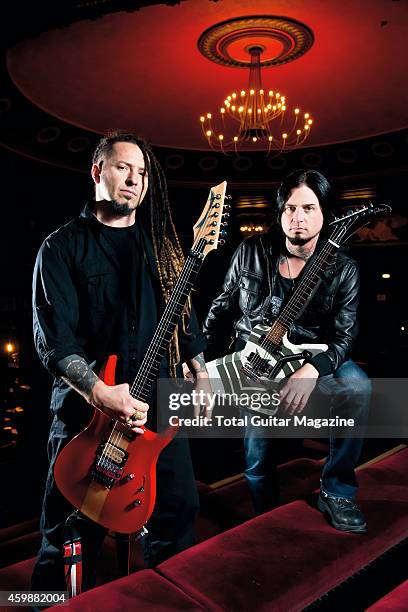 Portrait of musicians Zoltan Bathory and Jason Hook, guitarists with American heavy metal group Five Finger Death Punch, photographed before a live...