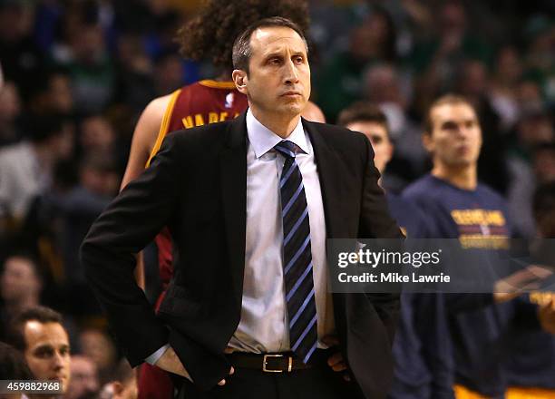 Head coach David Blatt of the Cleveland Cavaliers looks on from the bench against the Boston Celtics at TD Garden on November 14, 2014 in Boston,...