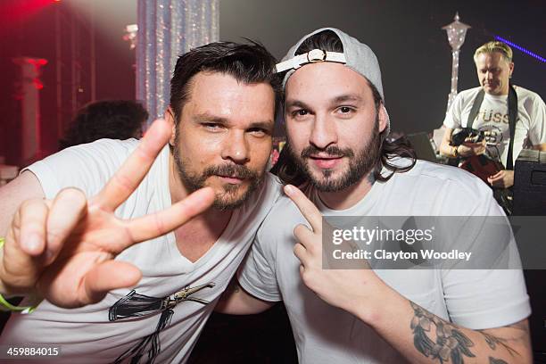 And Steve Angello pose backstage at the White Wonderland New Year's Eve Gala 2013 Presented By Insomniac Events at Anaheim Convention Center on...