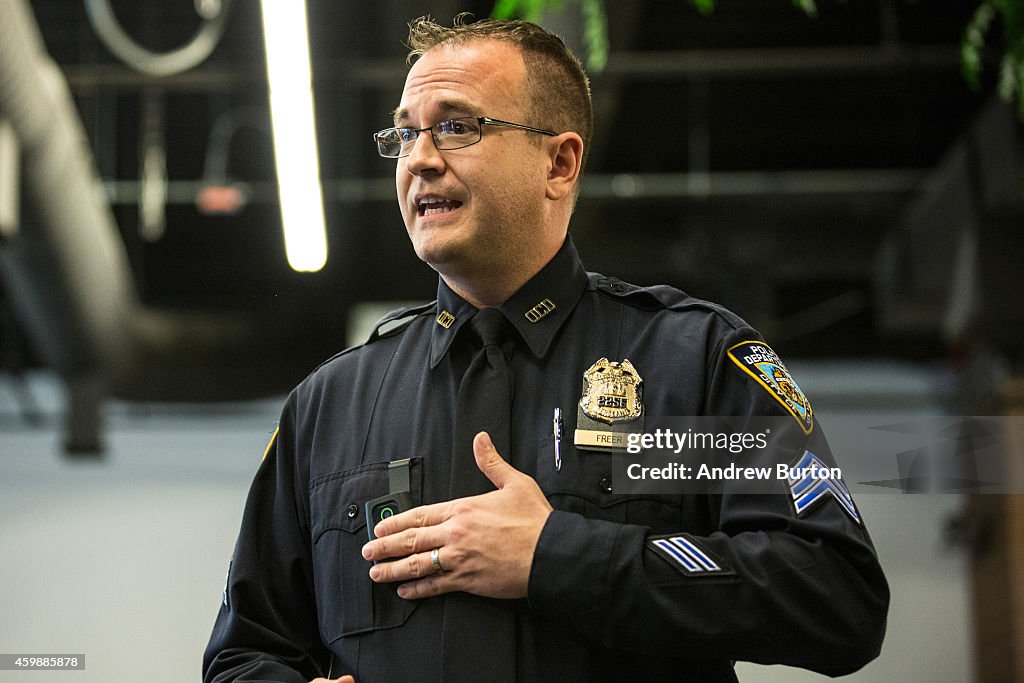 Mayor De Blasio Discusses Use Of Police Body Cameras At Police Academy In Queens