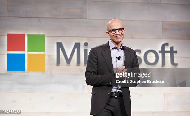 Microsoft CEO Satya Nadella addresses shareholders during Microsoft Shareholders Meeting December 3, 2014 in Bellevue, Washington. The meeting was...