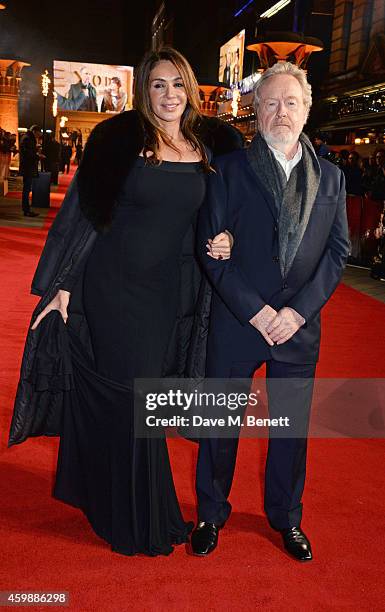 Sir Ridley Scott and Giannina Facio attend the World Premiere of "Exodus: Gods and Kings" at Odeon Leicester Square on December 3, 2014 in London,...