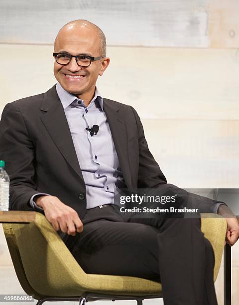 Microsoft CEO Satya Nadella smiles during question and answer session of the Microsoft Shareholders Meeting December 3, 2014 in Bellevue, Washington....