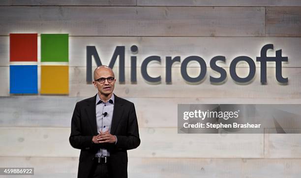 Microsoft CEO Satya Nadella addresses shareholders during Microsoft Shareholders Meeting December 3, 2014 in Bellevue, Washington. The meeting was...