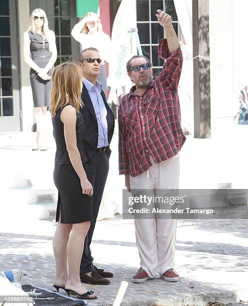 Vanessa Grout, Vladislav Doronin and Julian Schnabel are seen at the installation of Julian Schnabel's monumental sculpture 'AHAB' at Miami's...