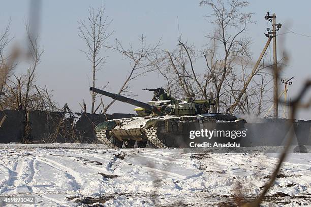 Armoured military vehicle of Ukrainian Army patrols during the clashes between the Ukrainian Army and Pro-Russian separatists despite the ceasefire...