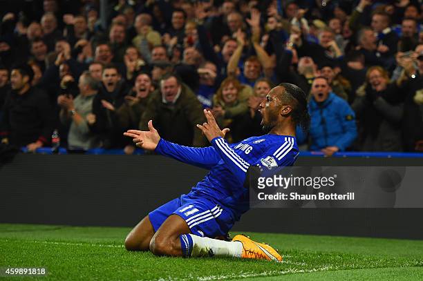 Didier Drogba of Chelsea celebrates scoring their second goal during the Barclays Premier League match between Chelsea and Tottenham Hotspur at...