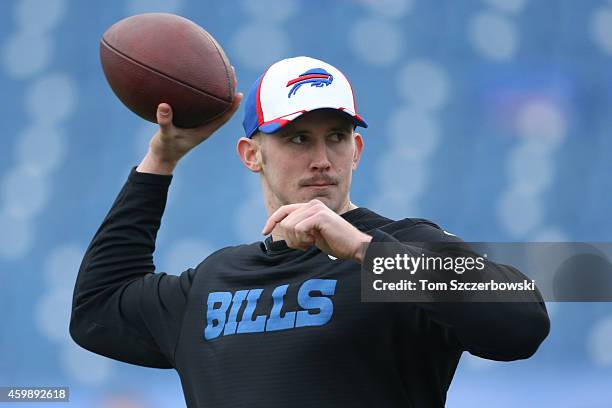 Jeff Tuel of the Buffalo Bills warms up before the start of NFL game action against the Cleveland Browns at Ralph Wilson Stadium on November 30, 2014...