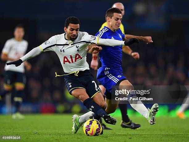 Aaron Lennon of Spurs and Cesar Azpilicueta of Chelsea fight for the ball during the Barclays Premier League match between Chelsea and Tottenham...