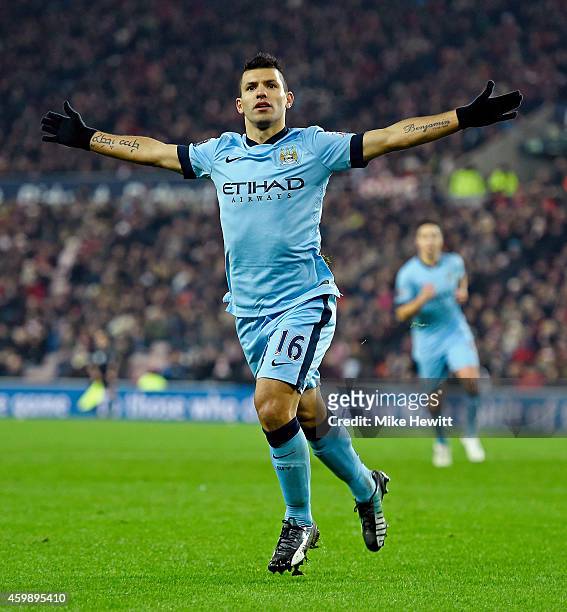 Sergio Aguero of Manchester City scores his team's fourth goal during the Barclays Premier League match between Sunderland and Manchester City at The...